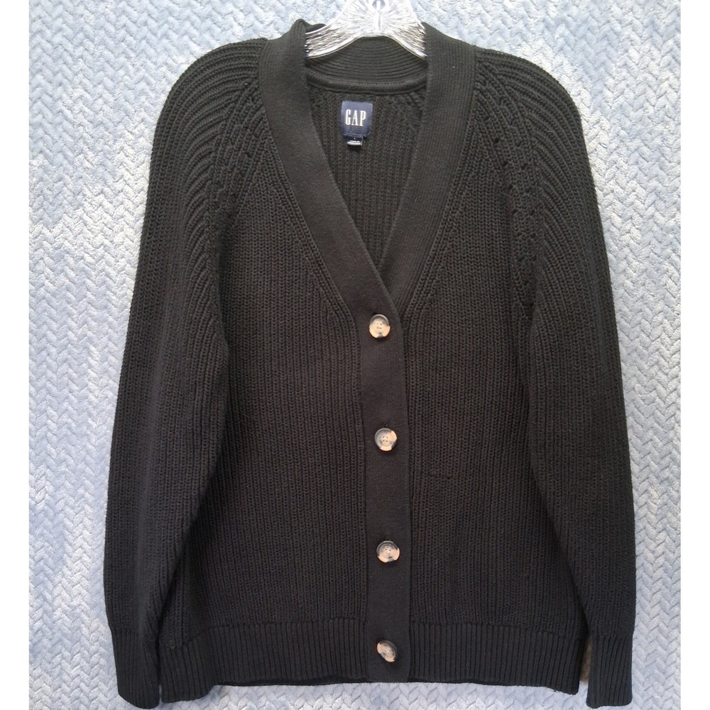 Gap Mens Black Shaker Stitch Cotton V-Neck Cardigan Sweater Large